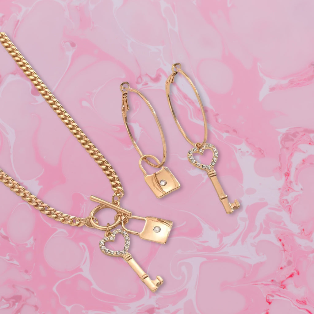Key to Desire. Vintage Inspired Lock & Key Necklace & Earrings Set