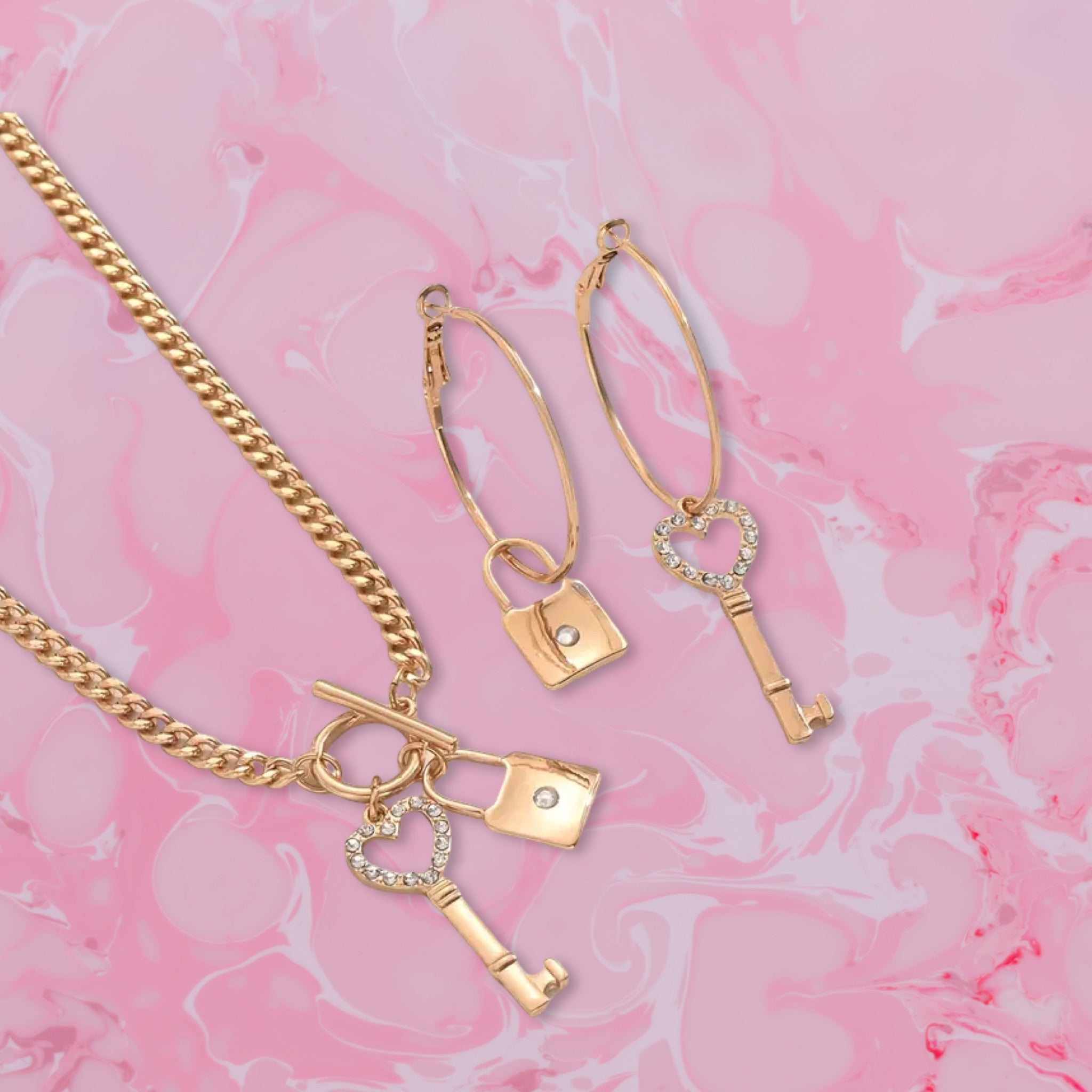 Key to Desire. Vintage Inspired Lock & Key Necklace & Earrings Set
